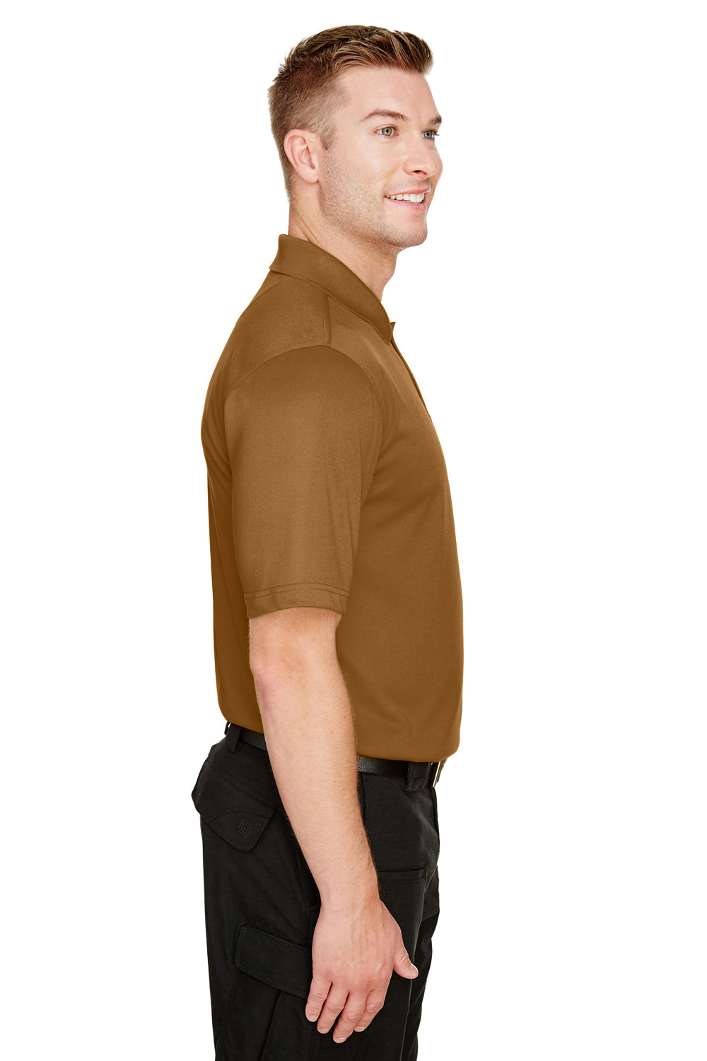 Harriton M348 Mens Advantage Performance Moisture Wicking Short Sleeve Polo Shirt Duck Brown Model Side