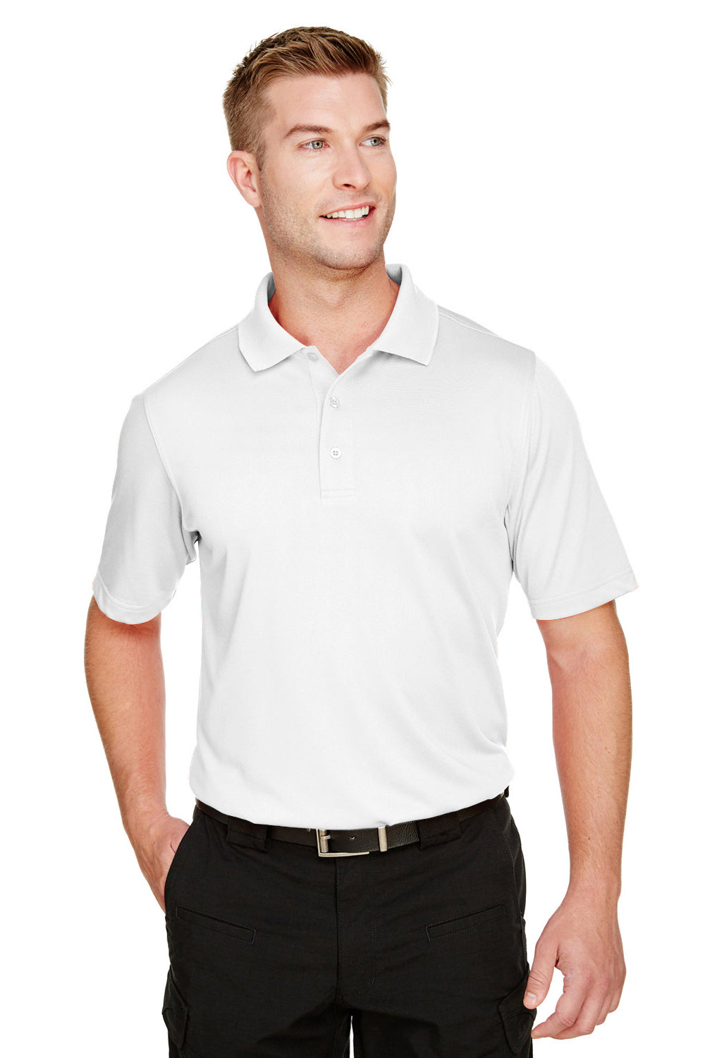Harriton M348 Mens Advantage Performance Moisture Wicking Short Sleeve Polo Shirt White Model Front