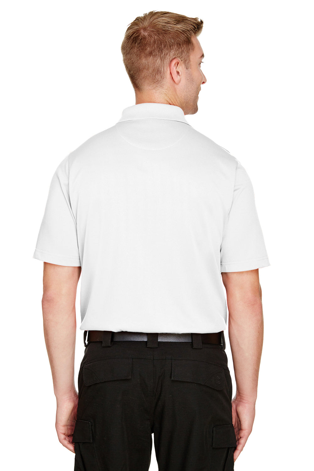 Harriton M348 Mens Advantage Performance Moisture Wicking Short Sleeve Polo Shirt White Model Back