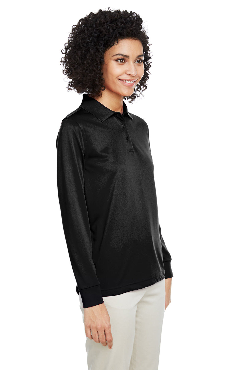 Harriton M348LW Womens Advantage Performance Moisture Wicking Long Sleeve Polo Shirt Black Model 3q