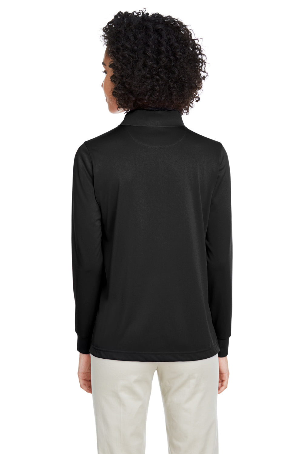 Harriton M348LW Womens Advantage Performance Moisture Wicking Long Sleeve Polo Shirt Black Model Back