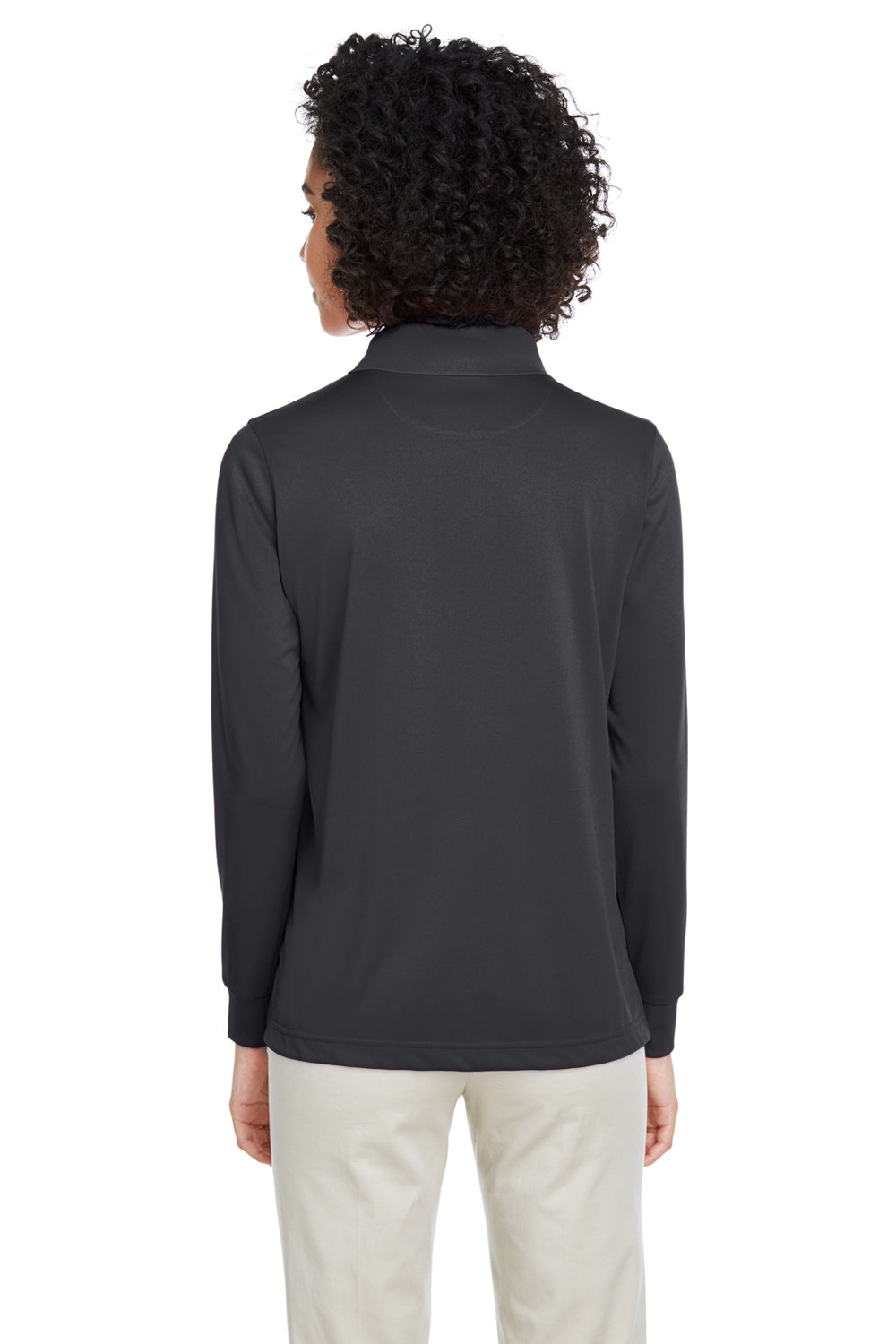 Harriton M348LW Womens Advantage Performance Moisture Wicking Long Sleeve Polo Shirt Dark Charcoal Grey Model Back