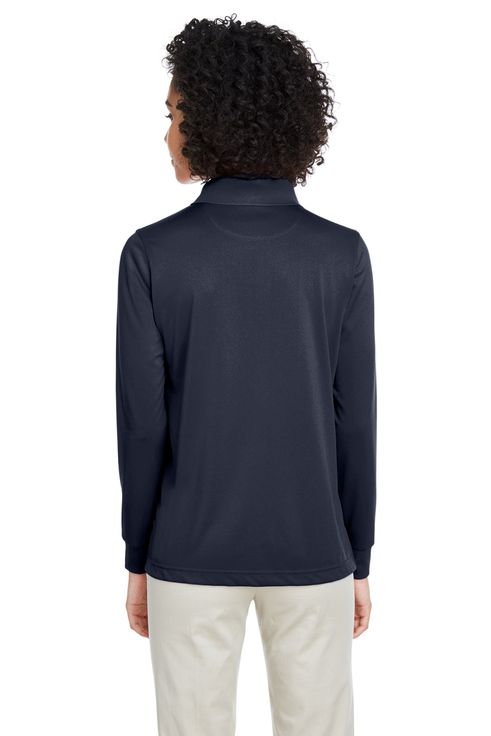 Harriton M348LW Womens Advantage Performance Moisture Wicking Long Sleeve Polo Shirt Dark Navy Blue Model Back