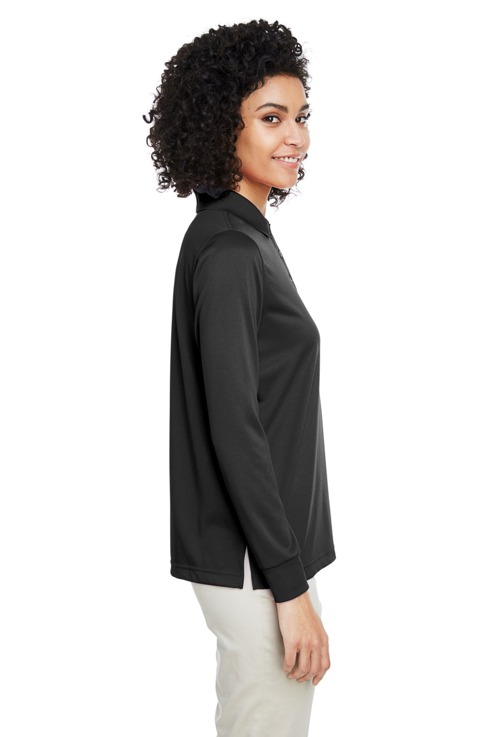 Harriton M348LW Womens Advantage Performance Moisture Wicking Long Sleeve Polo Shirt Black Model Side