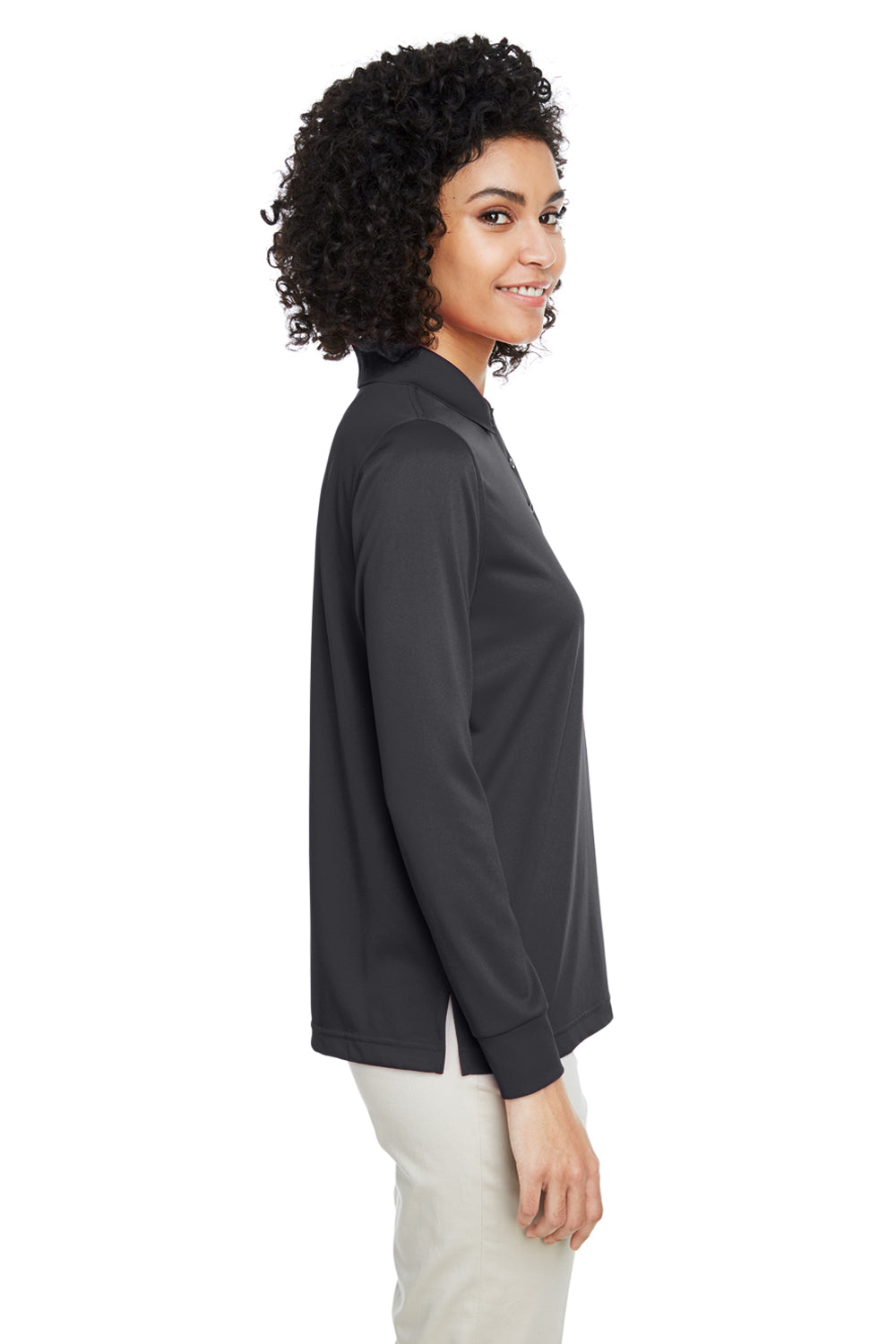 Harriton M348LW Womens Advantage Performance Moisture Wicking Long Sleeve Polo Shirt Dark Charcoal Grey Model Side