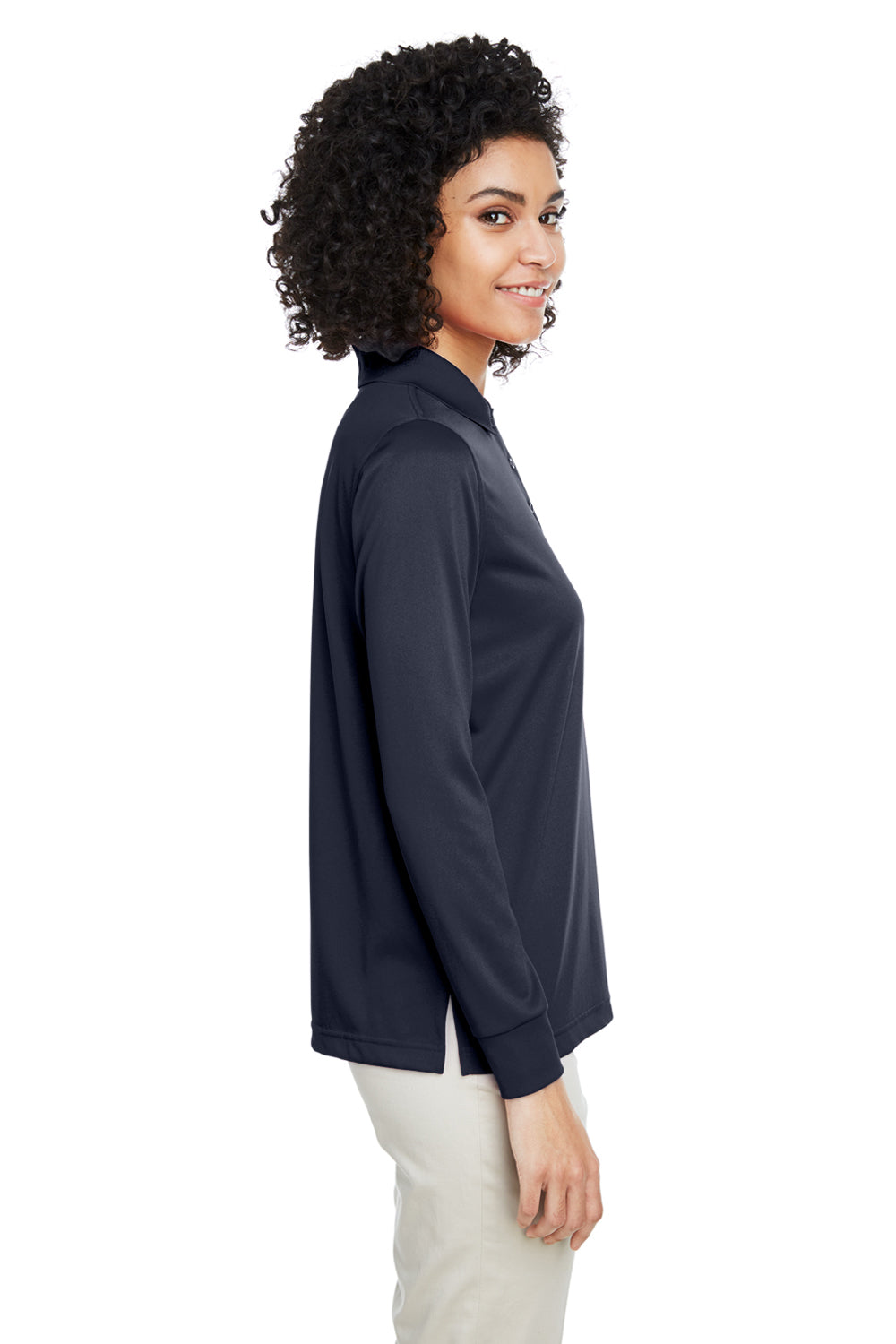 Harriton M348LW Womens Advantage Performance Moisture Wicking Long Sleeve Polo Shirt Dark Navy Blue Model Side