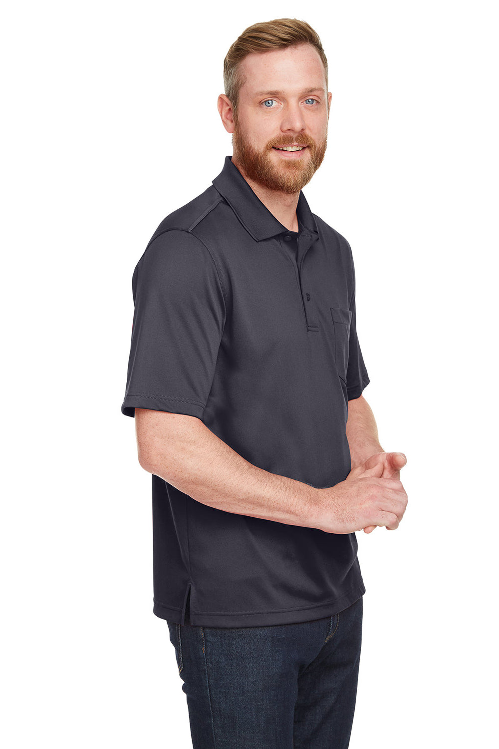 Harriton M348P Mens Advantage Performance Moisture Wicking Short Sleeve Polo Shirt w/ Pocket Dark Charcoal Grey Model 3q