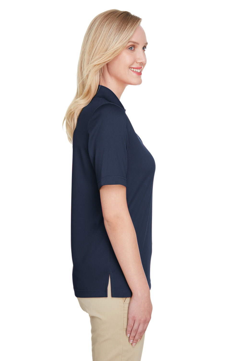 Harriton M348W Womens Advantage Performance Moisture Wicking Short Sleeve Polo Shirt Dark Navy Blue Model Side