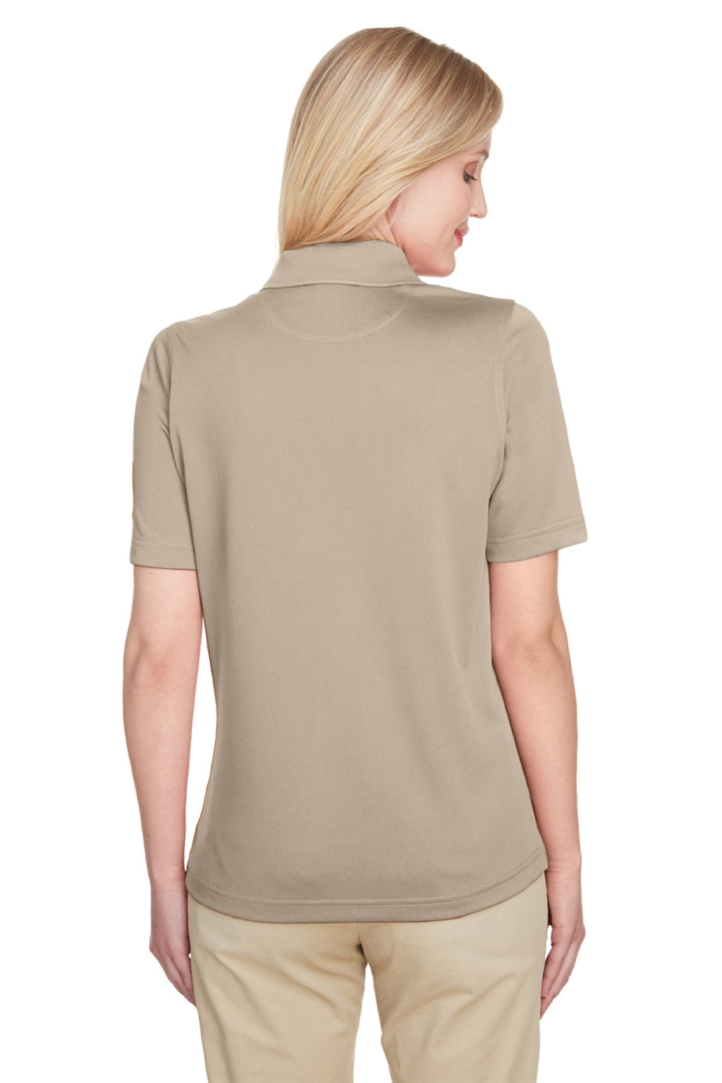 Harriton M348W Womens Advantage Performance Moisture Wicking Short Sleeve Polo Shirt Khaki Brown Model Back