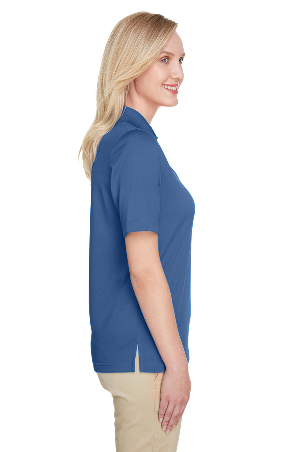 Harriton M348W Womens Advantage Performance Moisture Wicking Short Sleeve Polo Shirt Pool Blue Model Side