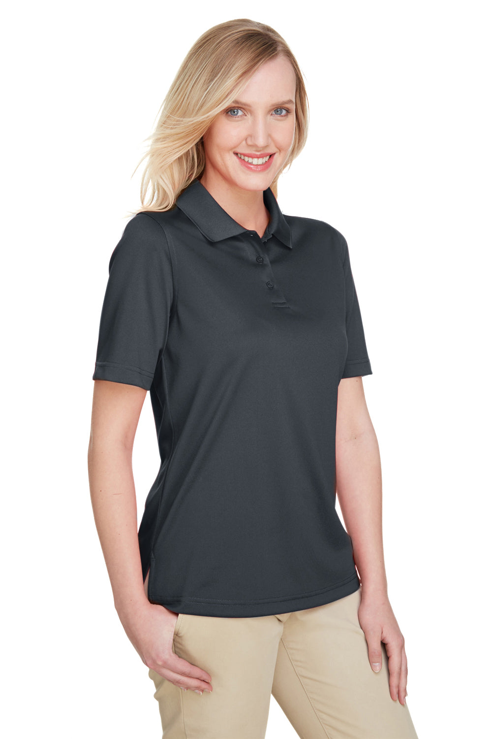 Harriton M348W Womens Advantage Performance Moisture Wicking Short Sleeve Polo Shirt Dark Charcoal Grey Model 3q