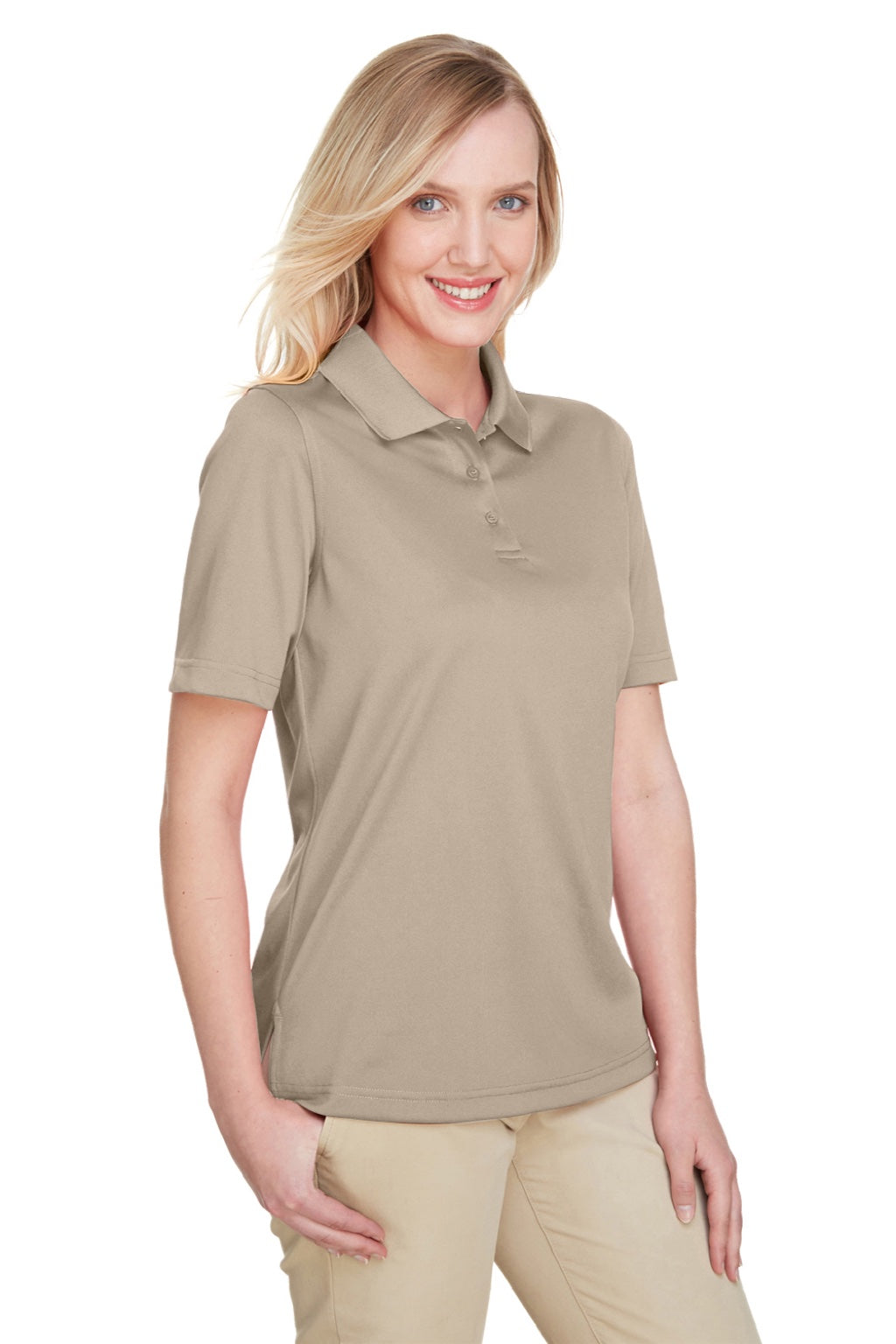 Harriton M348W Womens Advantage Performance Moisture Wicking Short Sleeve Polo Shirt Khaki Brown Model 3q