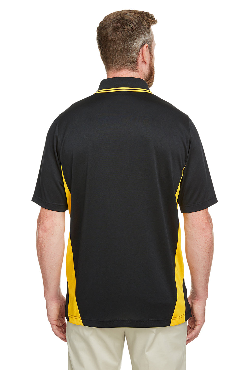 Harriton M386/M386T Mens Flash Performance Moisture Wicking Colorblock Short Sleeve Polo Shirt Black/Sunray Yellow Model Back