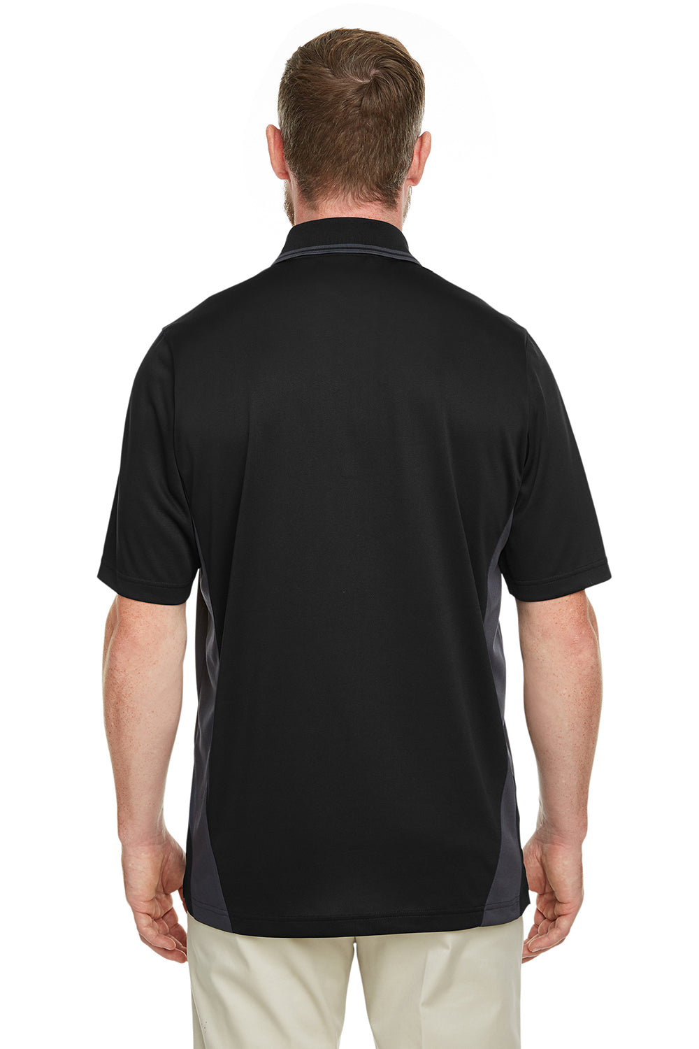 Harriton M386/M386T Mens Flash Performance Moisture Wicking Colorblock Short Sleeve Polo Shirt Black/Dark Charcoal Grey Model Back