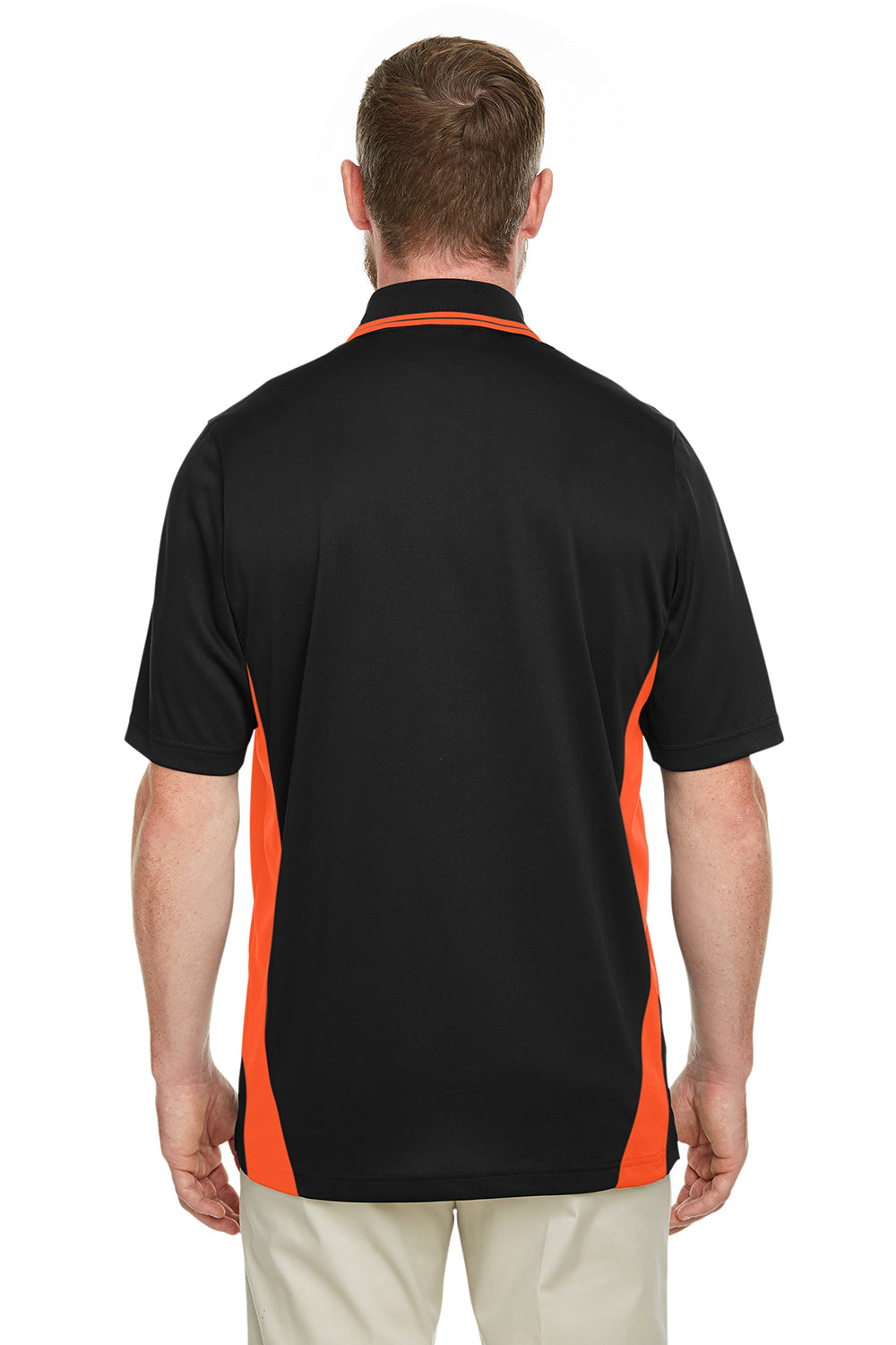 Harriton M386/M386T Mens Flash Performance Moisture Wicking Colorblock Short Sleeve Polo Shirt Black/Team Orange Model Back