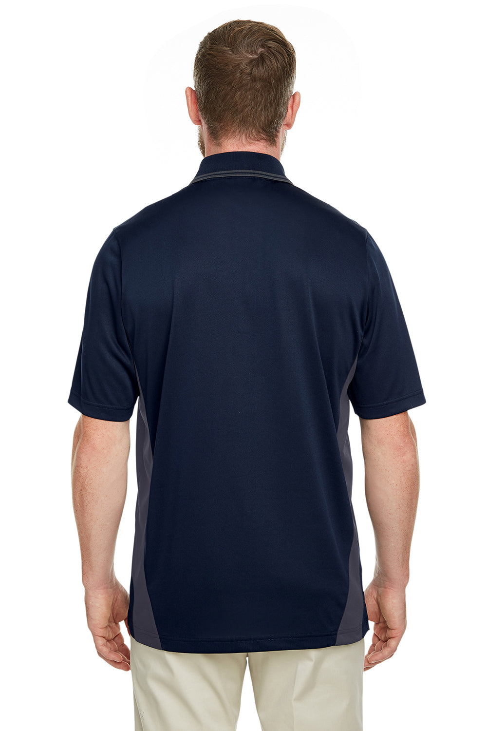 Harriton M386/M386T Mens Flash Performance Moisture Wicking Colorblock Short Sleeve Polo Shirt Dark Navy Blue/Dark Charcoal Grey Model Back