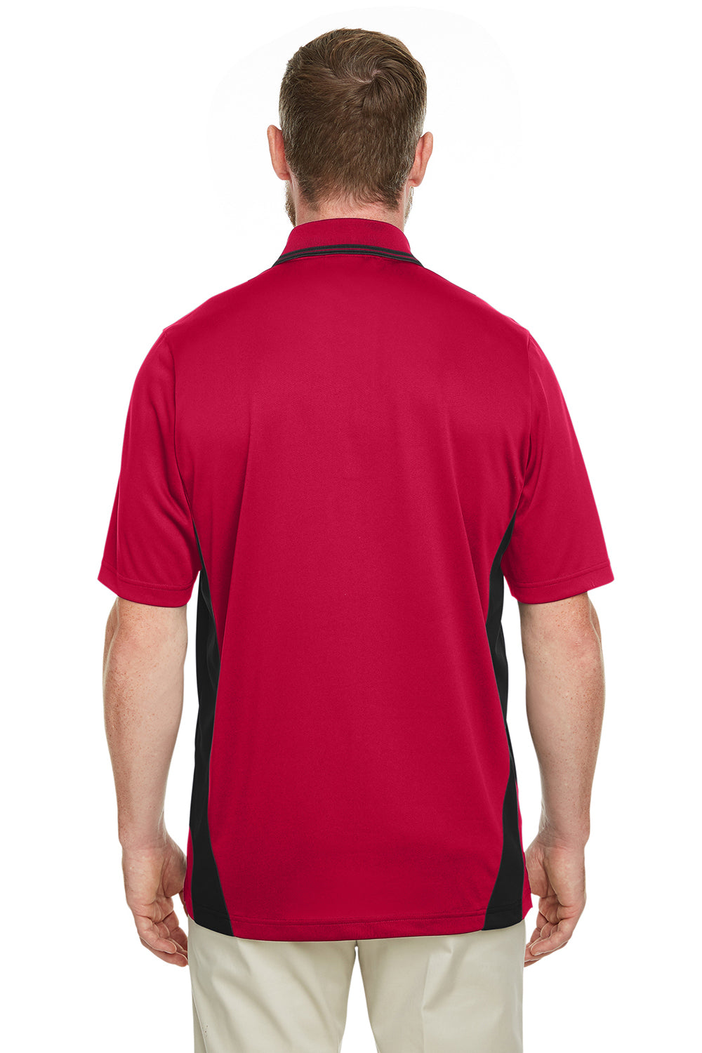 Harriton M386/M386T Mens Flash Performance Moisture Wicking Colorblock Short Sleeve Polo Shirt Red/Black Model Back