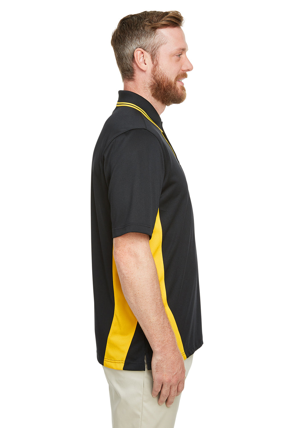 Harriton M386/M386T Mens Flash Performance Moisture Wicking Colorblock Short Sleeve Polo Shirt Black/Sunray Yellow Model Side