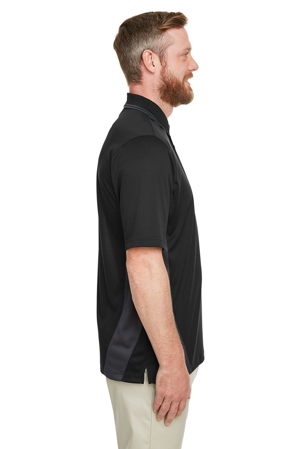 Harriton M386/M386T Mens Flash Performance Moisture Wicking Colorblock Short Sleeve Polo Shirt Black/Dark Charcoal Grey Model Side