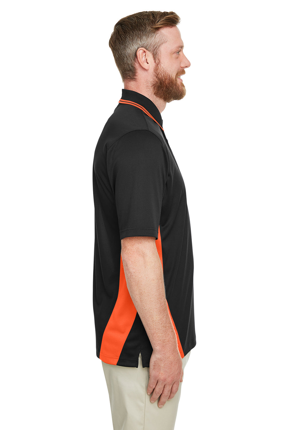Harriton M386/M386T Mens Flash Performance Moisture Wicking Colorblock Short Sleeve Polo Shirt Black/Team Orange Model Side