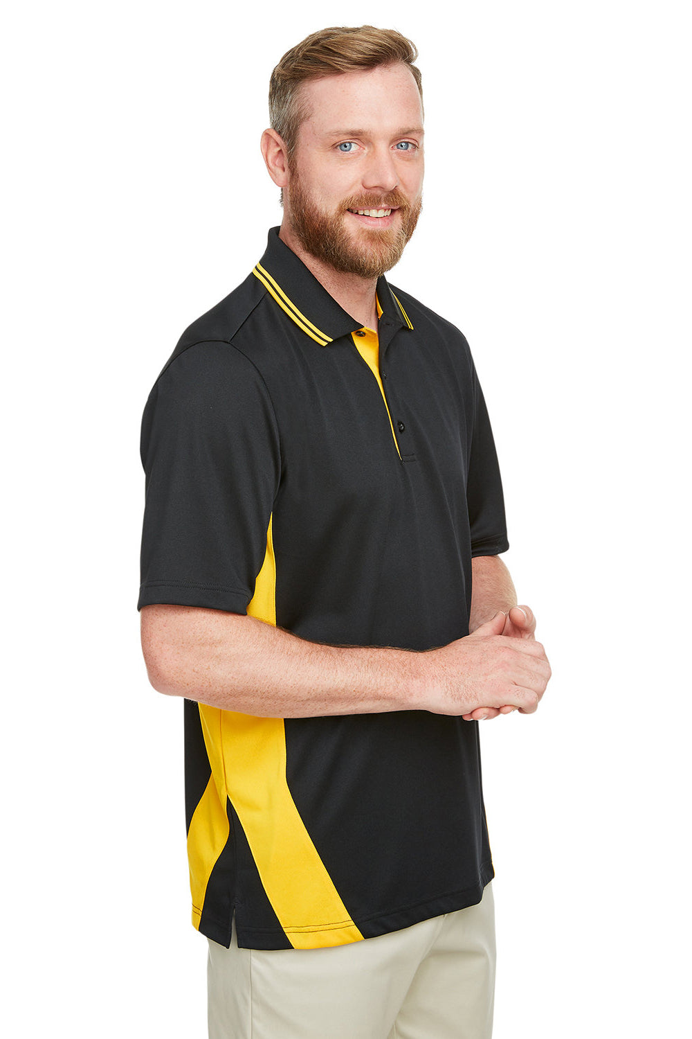 Harriton M386/M386T Mens Flash Performance Moisture Wicking Colorblock Short Sleeve Polo Shirt Black/Sunray Yellow Model 3q