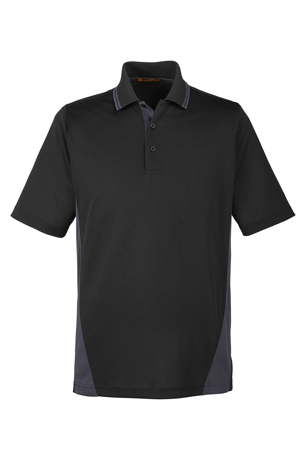 Harriton M386/M386T Mens Flash Performance Moisture Wicking Colorblock Short Sleeve Polo Shirt Black/Dark Charcoal Grey Flat Front