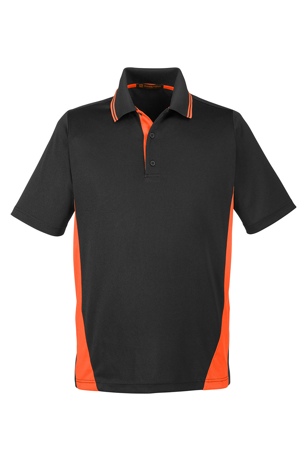 Harriton M386/M386T Mens Flash Performance Moisture Wicking Colorblock Short Sleeve Polo Shirt Black/Team Orange Flat Front