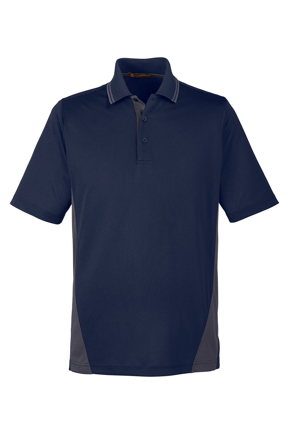 Harriton M386/M386T Mens Flash Performance Moisture Wicking Colorblock Short Sleeve Polo Shirt Dark Navy Blue/Dark Charcoal Grey Flat Front
