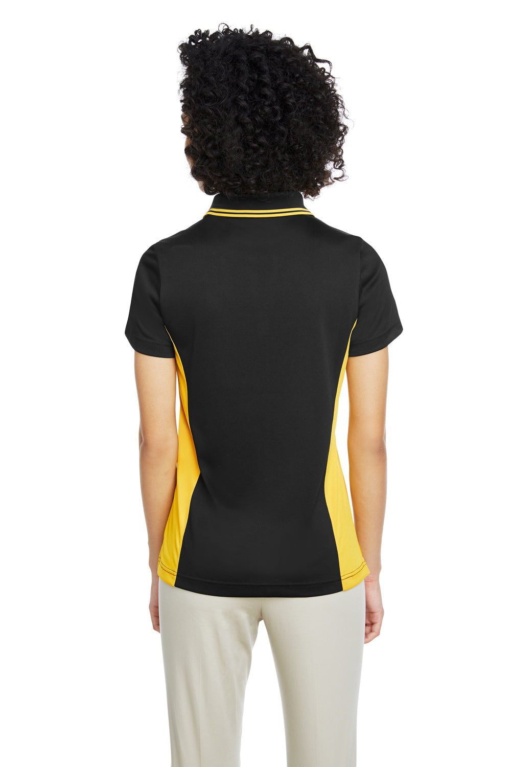 Harriton M386W Womens Flash Performance Moisture Wicking Colorblock Short Sleeve Polo Shirt Black/Sunray Yellow Model Back
