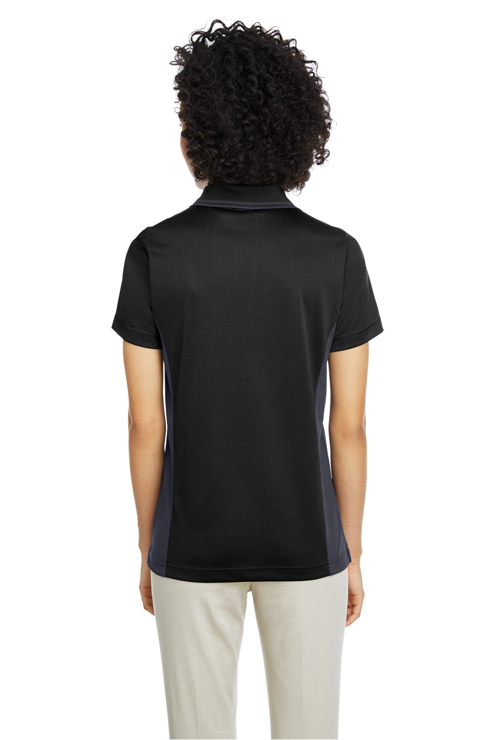 Harriton M386W Womens Flash Performance Moisture Wicking Colorblock Short Sleeve Polo Shirt Black/Dark Charcoal Grey Model Back