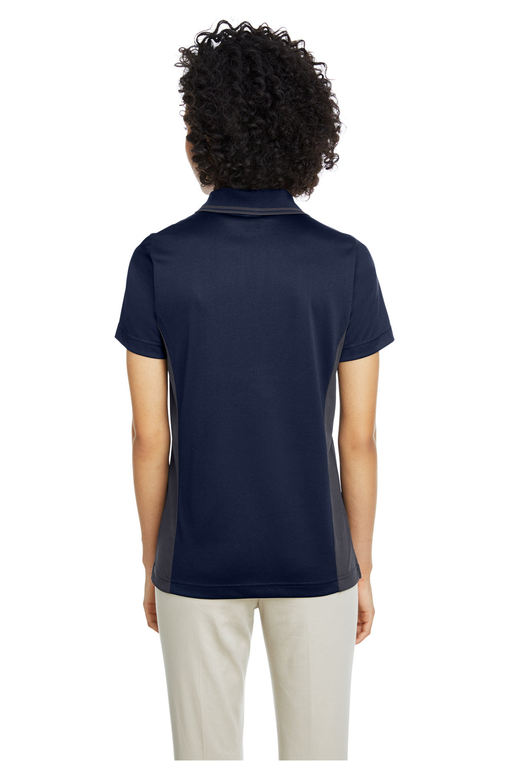 Harriton M386W Womens Flash Performance Moisture Wicking Colorblock Short Sleeve Polo Shirt Dark Navy Blue/Dark Charcoal Grey Model Back