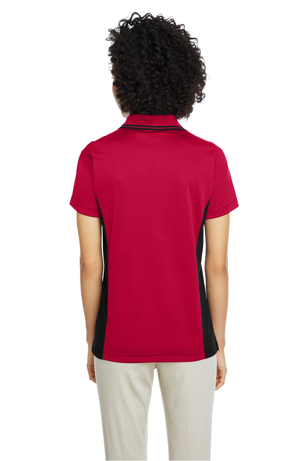 Harriton M386W Womens Flash Performance Moisture Wicking Colorblock Short Sleeve Polo Shirt Red/Black Model Back