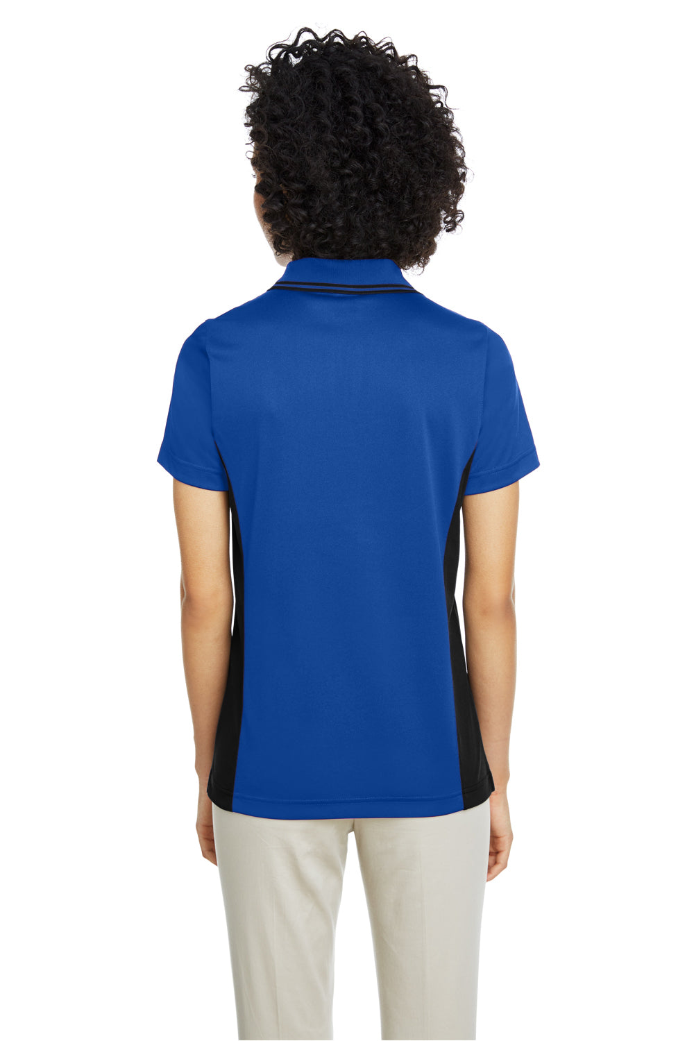 Harriton M386W Womens Flash Performance Moisture Wicking Colorblock Short Sleeve Polo Shirt True Royal Blue/Black Model Back