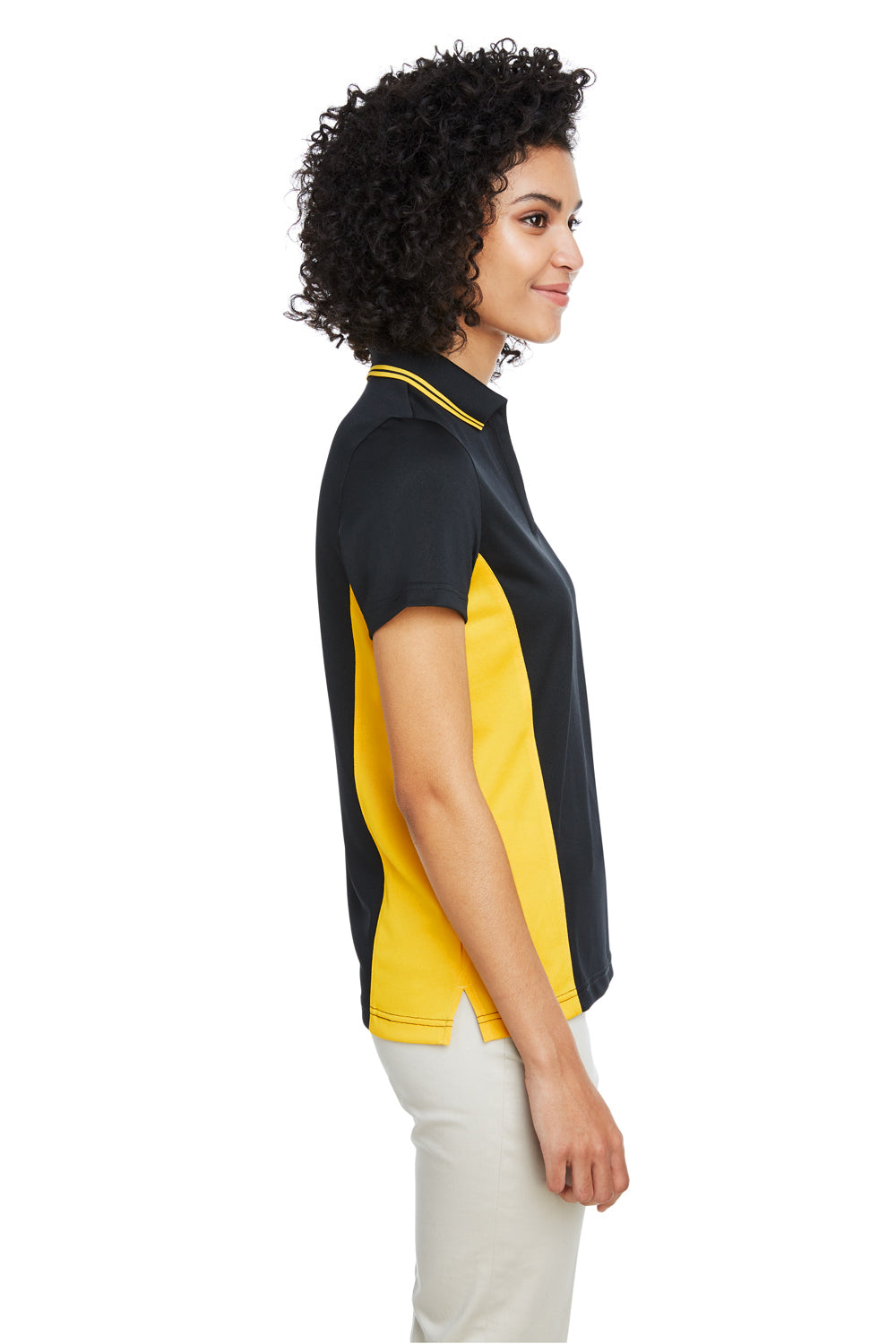 Harriton M386W Womens Flash Performance Moisture Wicking Colorblock Short Sleeve Polo Shirt Black/Sunray Yellow Model Side