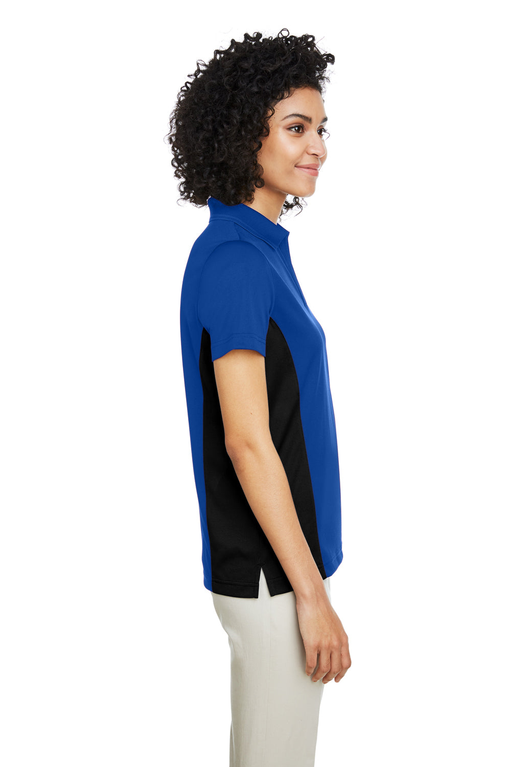 Harriton M386W Womens Flash Performance Moisture Wicking Colorblock Short Sleeve Polo Shirt True Royal Blue/Black Model Side