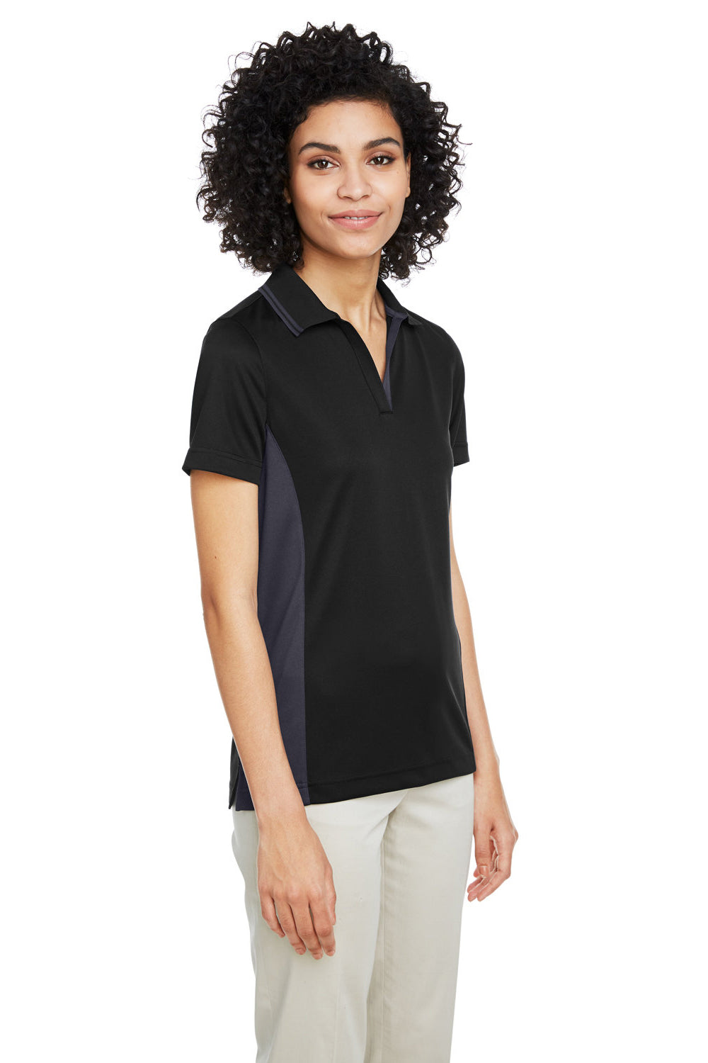 Harriton M386W Womens Flash Performance Moisture Wicking Colorblock Short Sleeve Polo Shirt Black/Dark Charcoal Grey Model 3q