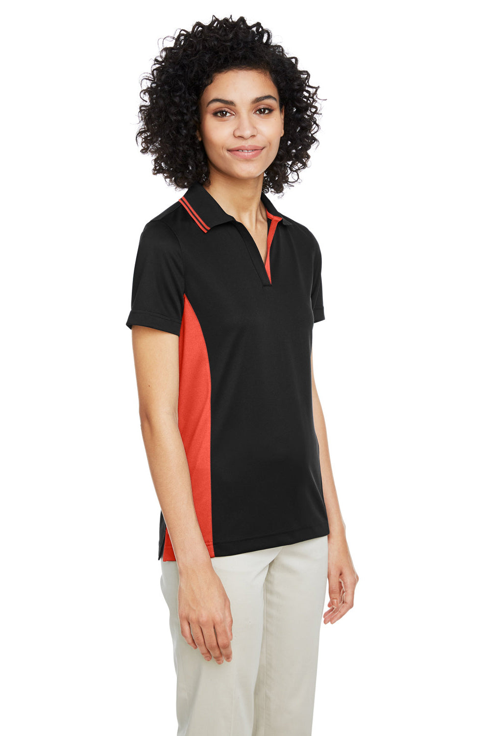 Harriton M386W Womens Flash Performance Moisture Wicking Colorblock Short Sleeve Polo Shirt Black/Team Orange Model 3q