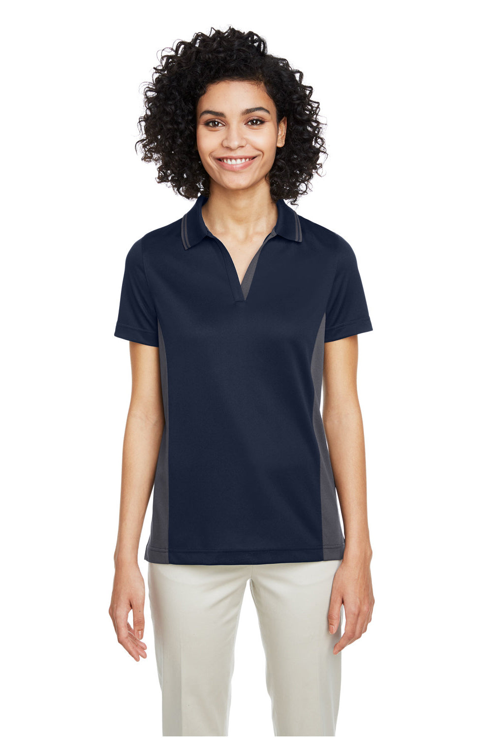 Harriton M386W Womens Flash Performance Moisture Wicking Colorblock Short Sleeve Polo Shirt Dark Navy Blue/Dark Charcoal Grey Model Front