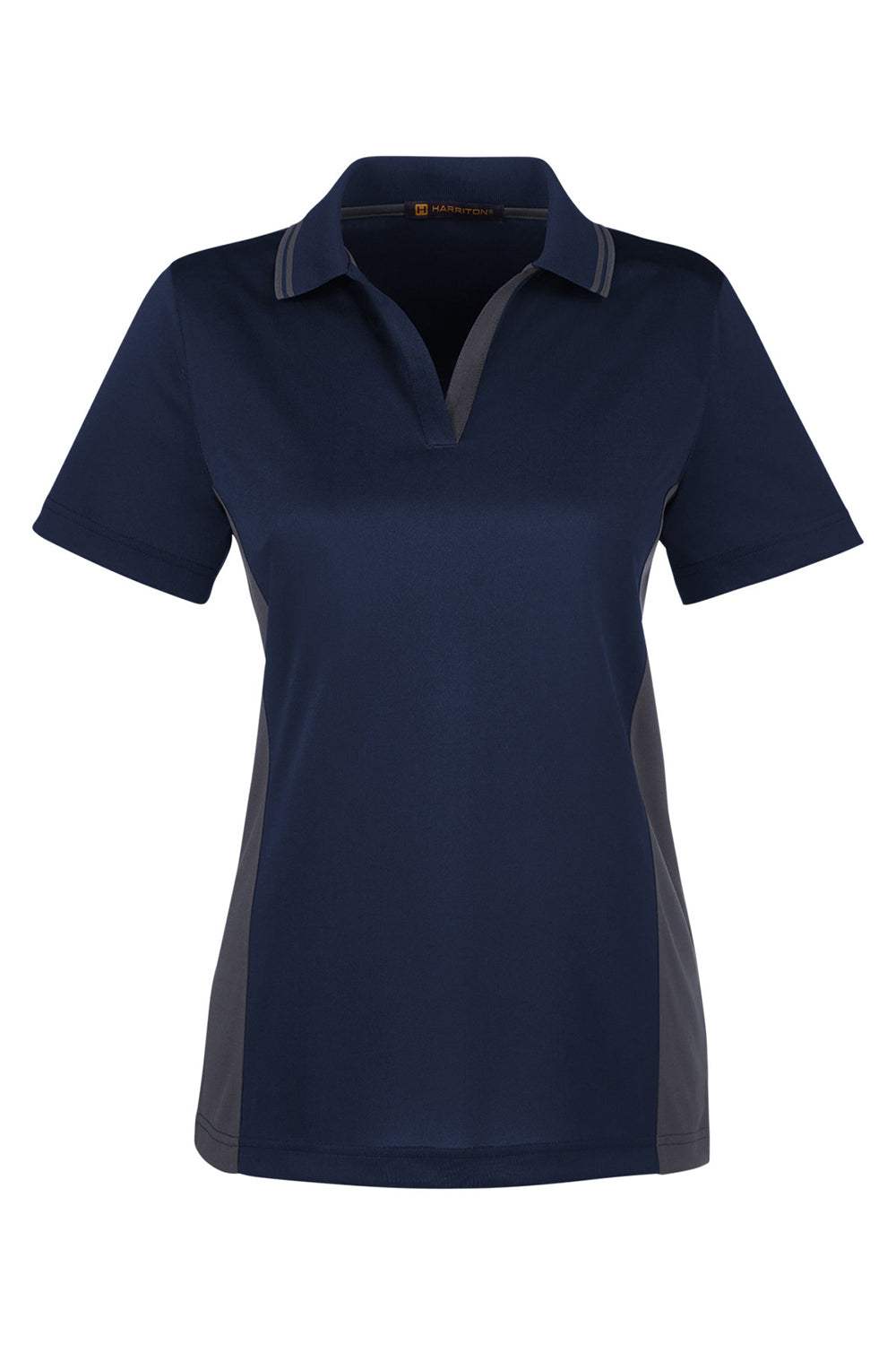 Harriton M386W Womens Flash Performance Moisture Wicking Colorblock Short Sleeve Polo Shirt Dark Navy Blue/Dark Charcoal Grey Flat Front
