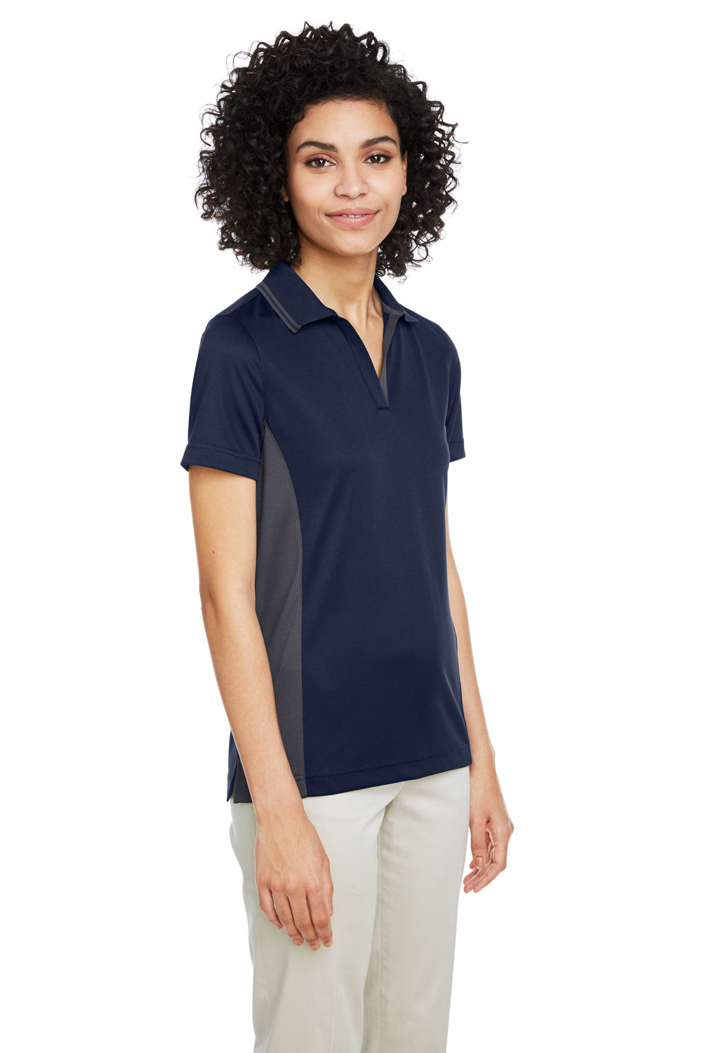 Harriton M386W Womens Flash Performance Moisture Wicking Colorblock Short Sleeve Polo Shirt Dark Navy Blue/Dark Charcoal Grey Model 3q