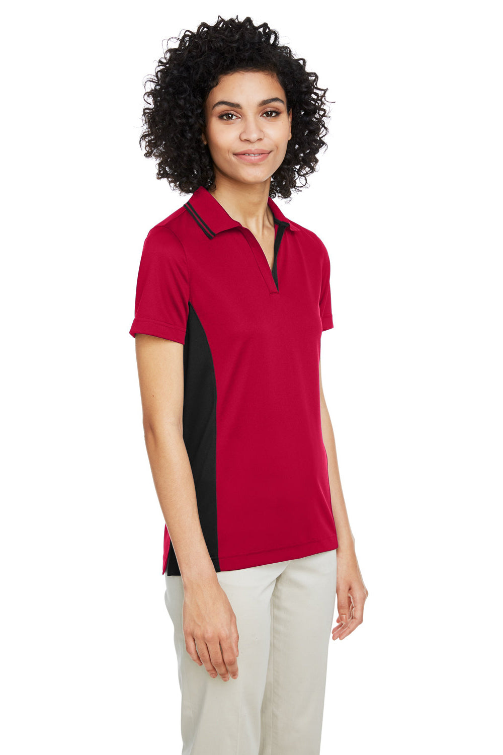 Harriton M386W Womens Flash Performance Moisture Wicking Colorblock Short Sleeve Polo Shirt Red/Black Model 3q