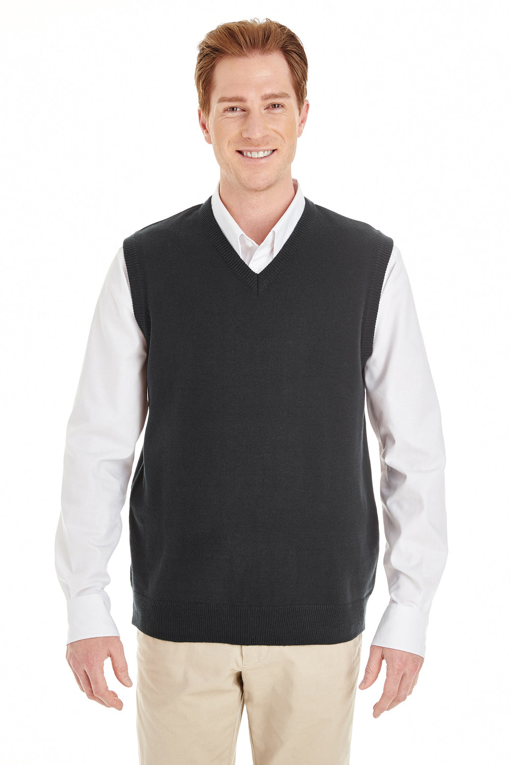 Harriton M415 Mens Pilbloc Pill Resistant V-Neck Sweater Vest Black Model Front