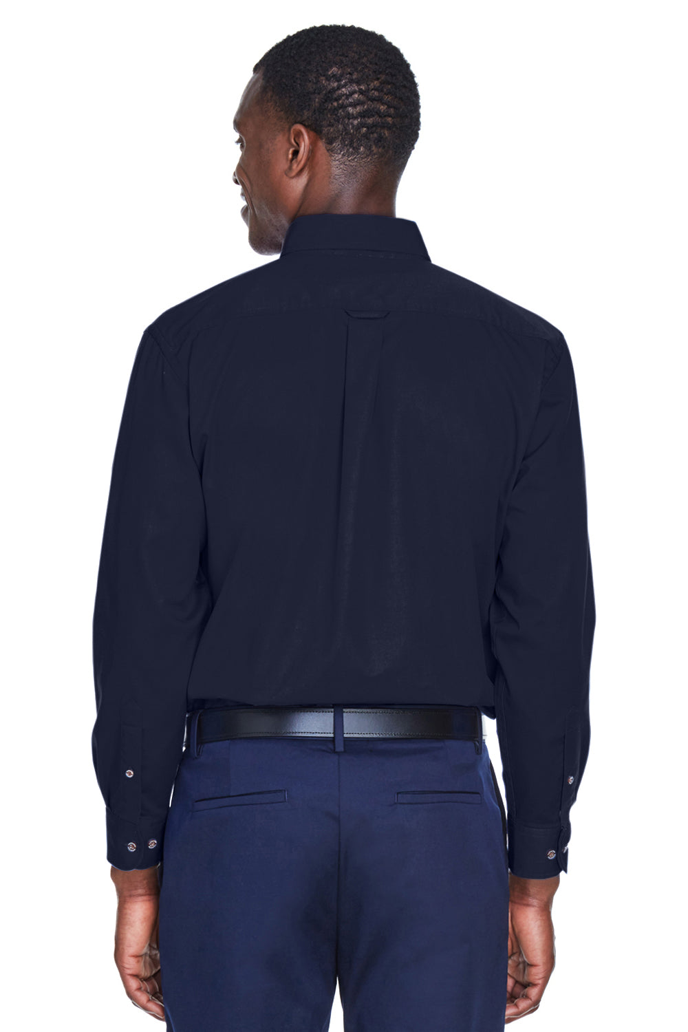 Harriton M500/M500T Mens Wrinkle Resistant Long Sleeve Button Down Shirt w/ Pocket Navy Blue Model Back