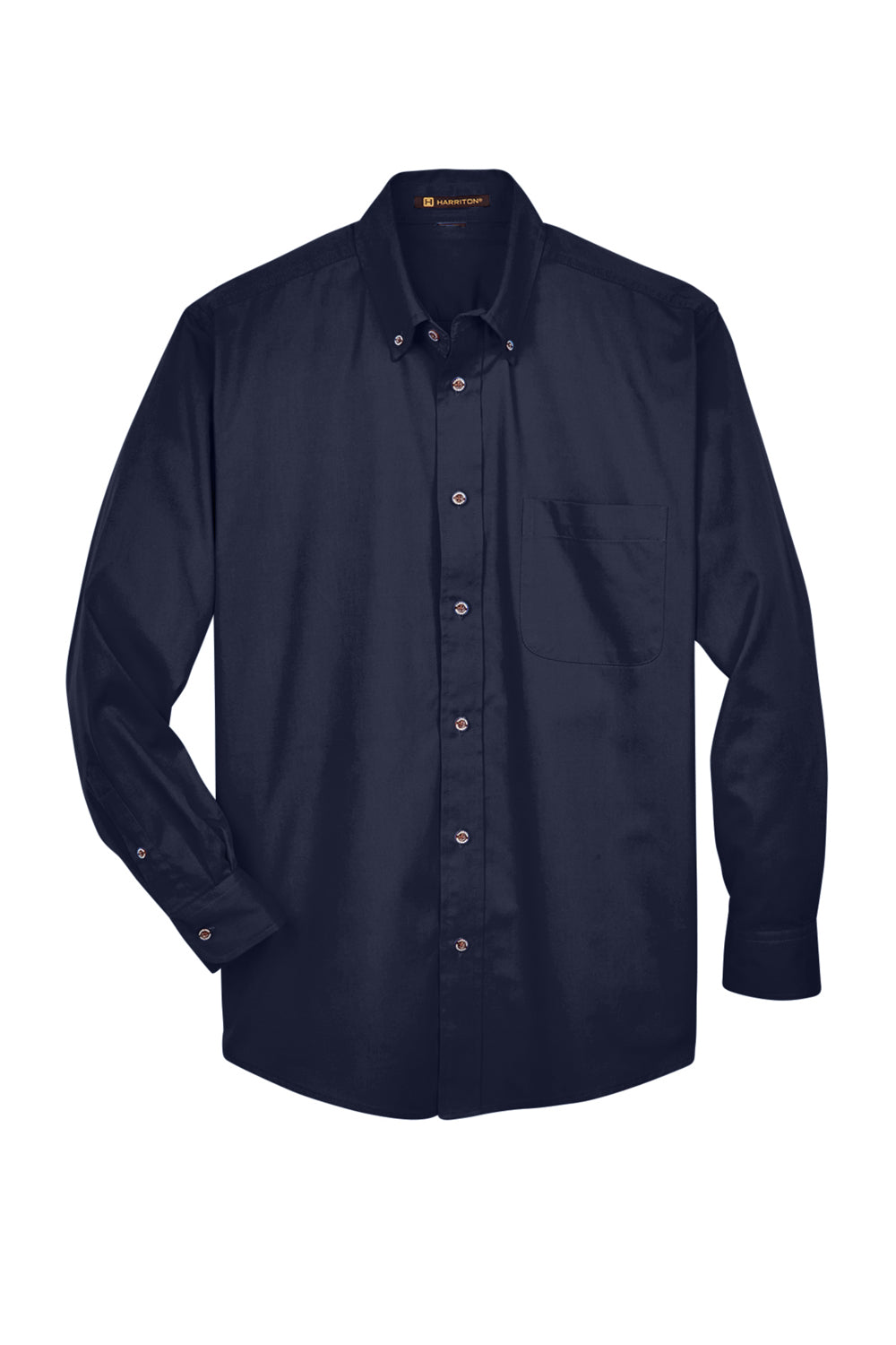 Harriton M500/M500T Mens Wrinkle Resistant Long Sleeve Button Down Shirt w/ Pocket Navy Blue Flat Front