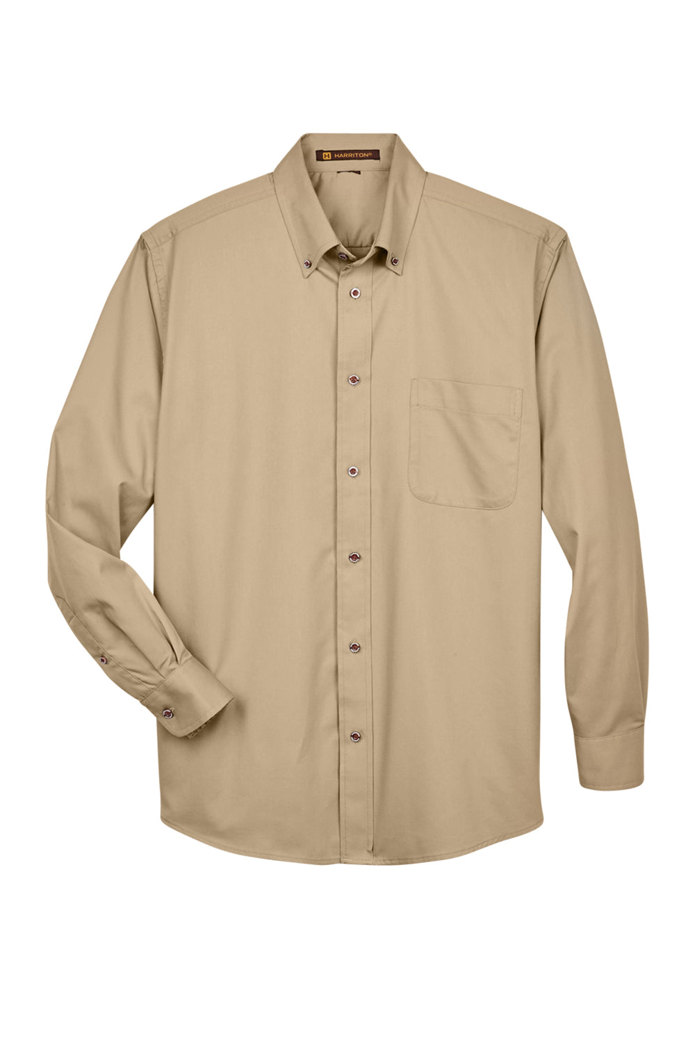 Harriton M500/M500T Mens Wrinkle Resistant Long Sleeve Button Down Shirt w/ Pocket Stone Flat Front
