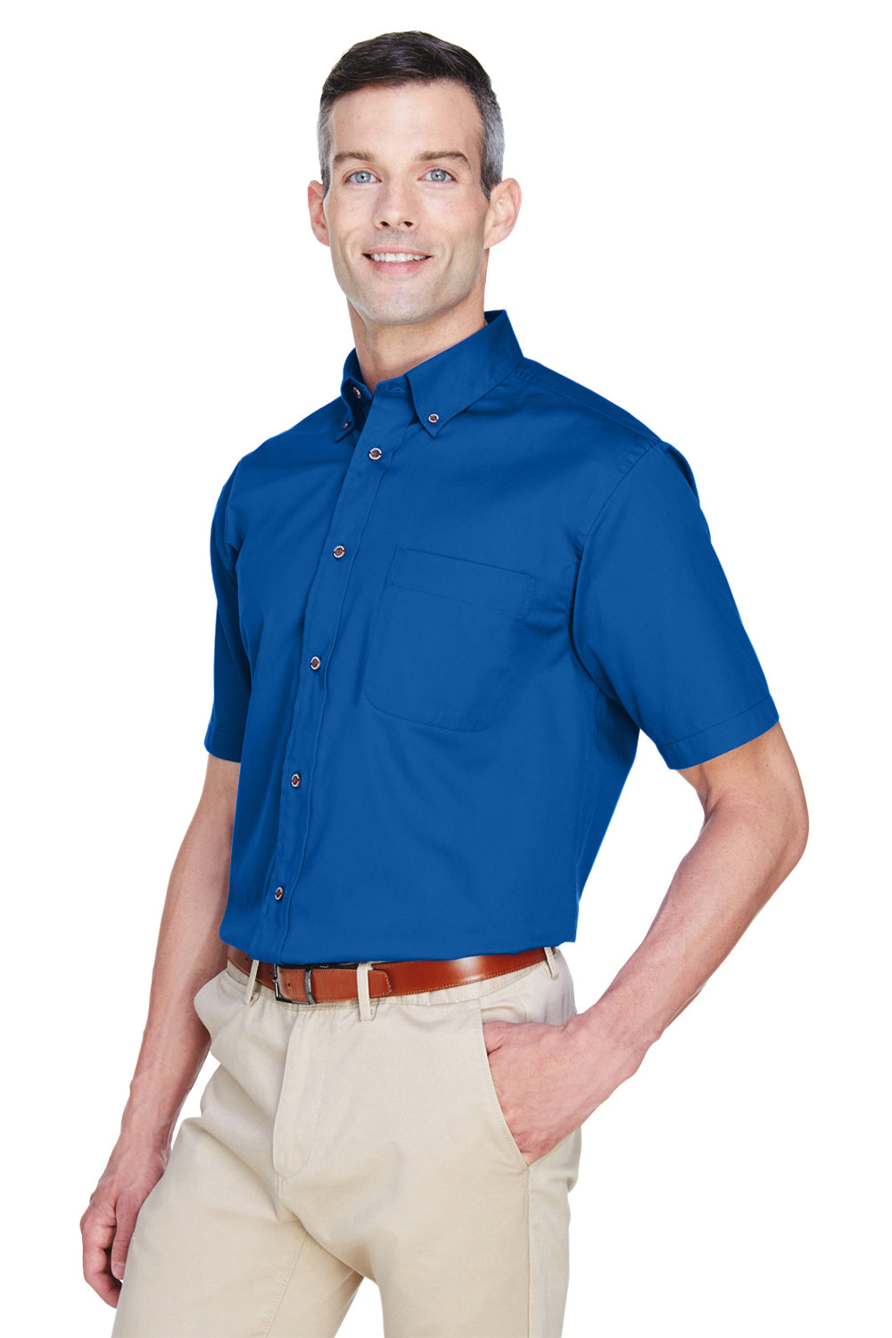 Harriton M500S Mens Wrinkle Resistant Short Sleeve Button Down Shirt w/ Pocket French Blue Model 3q