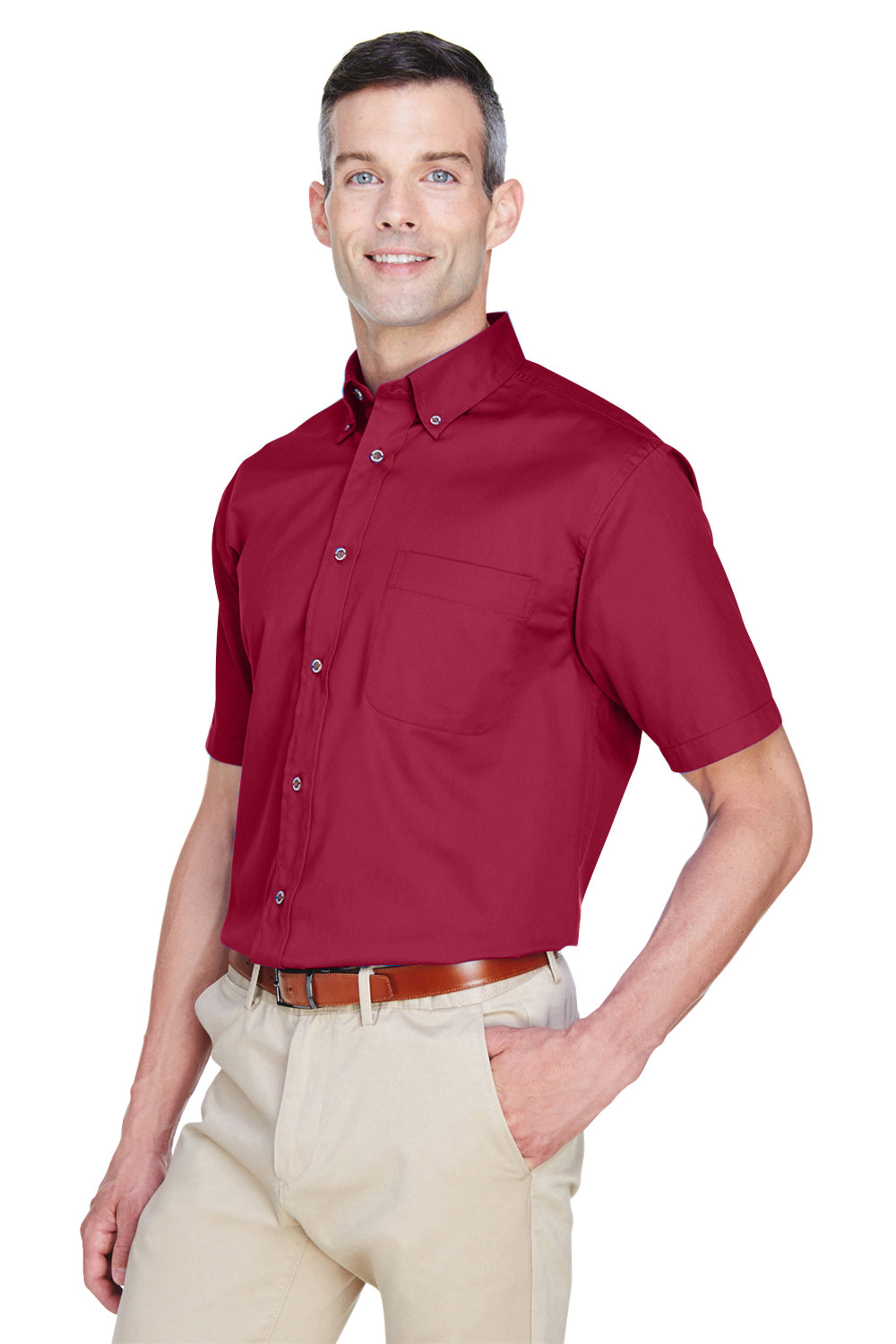 Harriton M500S Mens Wrinkle Resistant Short Sleeve Button Down Shirt w/ Pocket Wine Model 3q