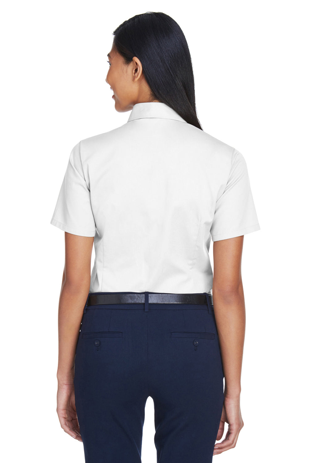 Harriton M500SW Womens Wrinkle Resistant Short Sleeve Button Down Shirt White Model Back