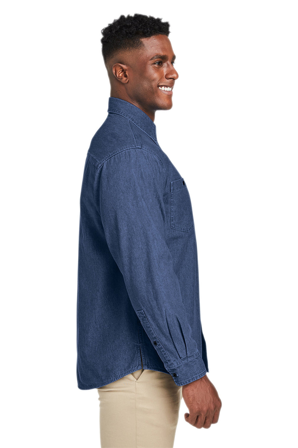 Harriton M540 Mens Button Down Denim Shirt Jacket Dark Denim Blue Model Side