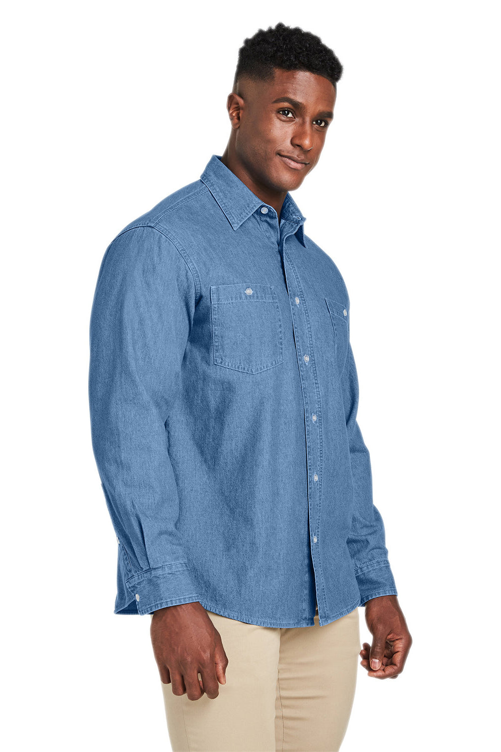 Harriton M540 Mens Button Down Denim Shirt Jacket Light Denim Blue Model 3q
